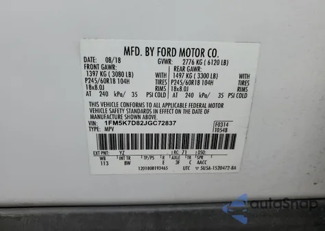 2018 Ford Explorer Xlt z USA, uszkodzony, nr VIN 1FM5K7D82JGC72837